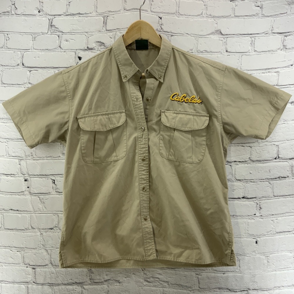 Cabela's Button Down Shirt Mens Sz M Khaki Short Sleeve‎ Camping Hiking